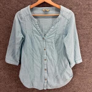 Royal Robbins Shirt Women M Medium Blue Button Up V-Neck 3/4 Sleeve Cotton